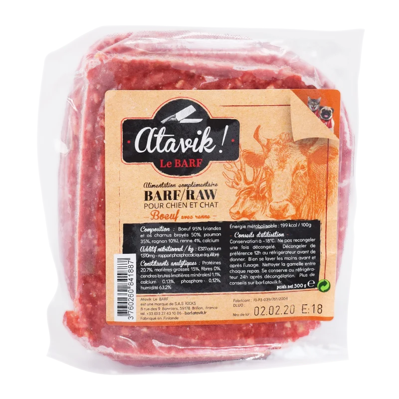 BARF raw feeding hache boeuf renne pour chien et chat